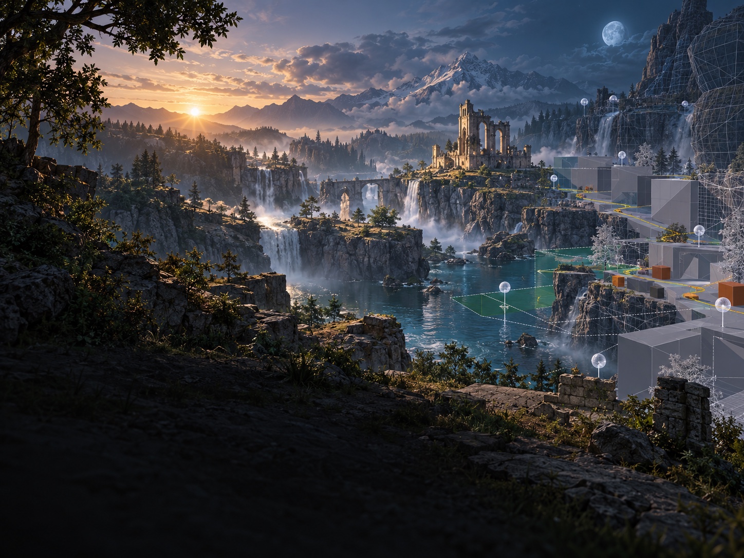 A game world transitioning from finished scenery into level-design geometry and development guides