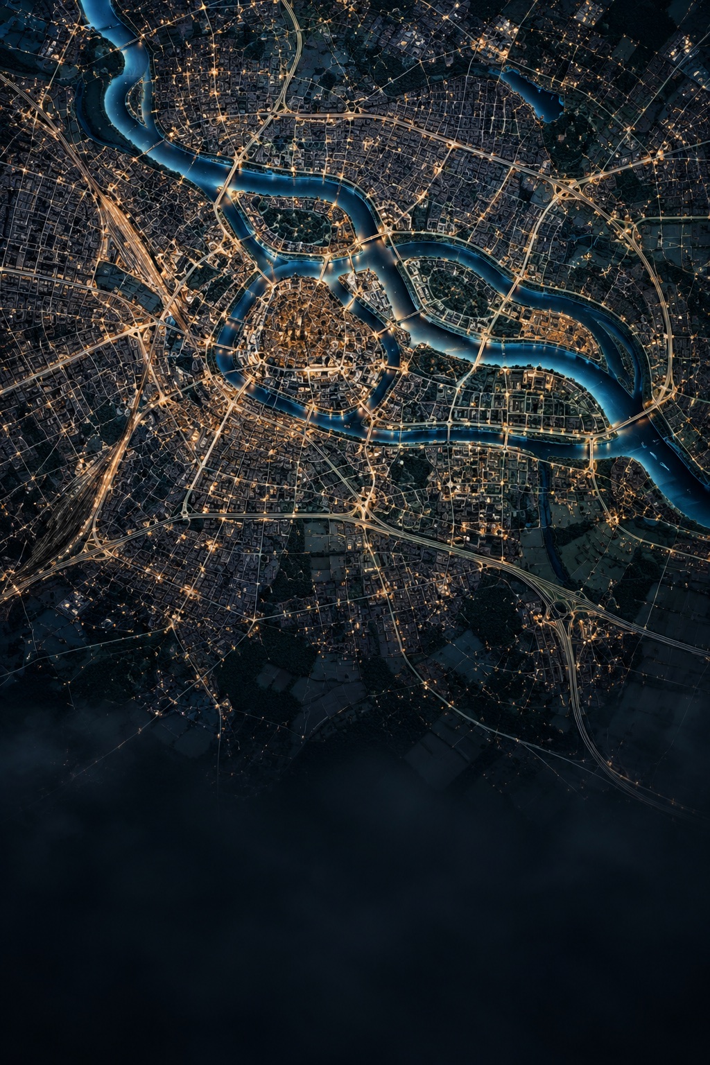 Abstract aerial visualization of Wrocław’s river and road network