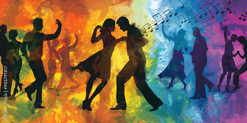 Colorful illustration of a dancing couple surrounded by music and movement