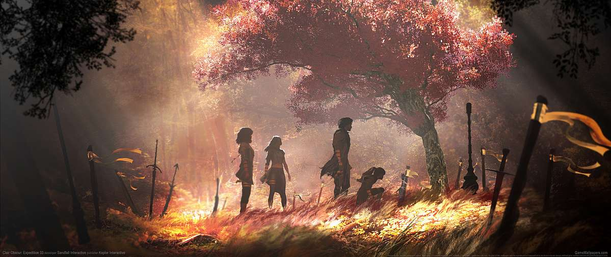 Fantasy adventurers beneath a glowing red tree in Clair Obscur: Expedition 33