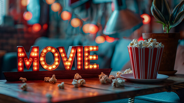A glowing movie sign and popcorn arranged for a cozy film night